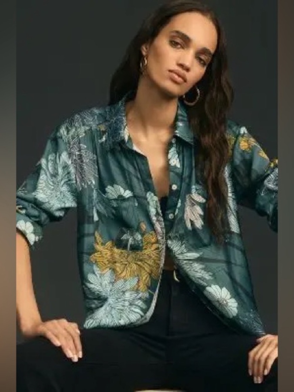 Anthropologie Brielle Relaxed Turquoise Floral Satin Button Down Blouse